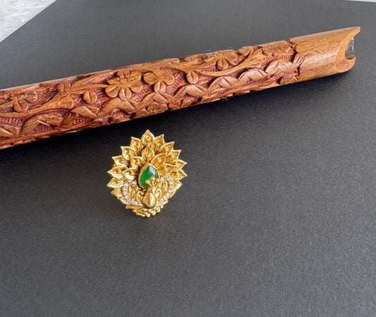 Antique gold tone cz green peacock adjustable finger ring dj-51400