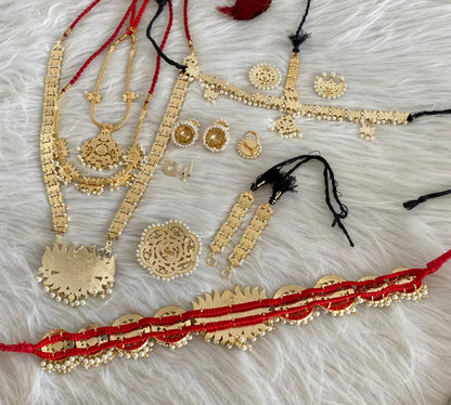 Gold tone precious kemp-green-white pearl lotus bridal set dj-53964