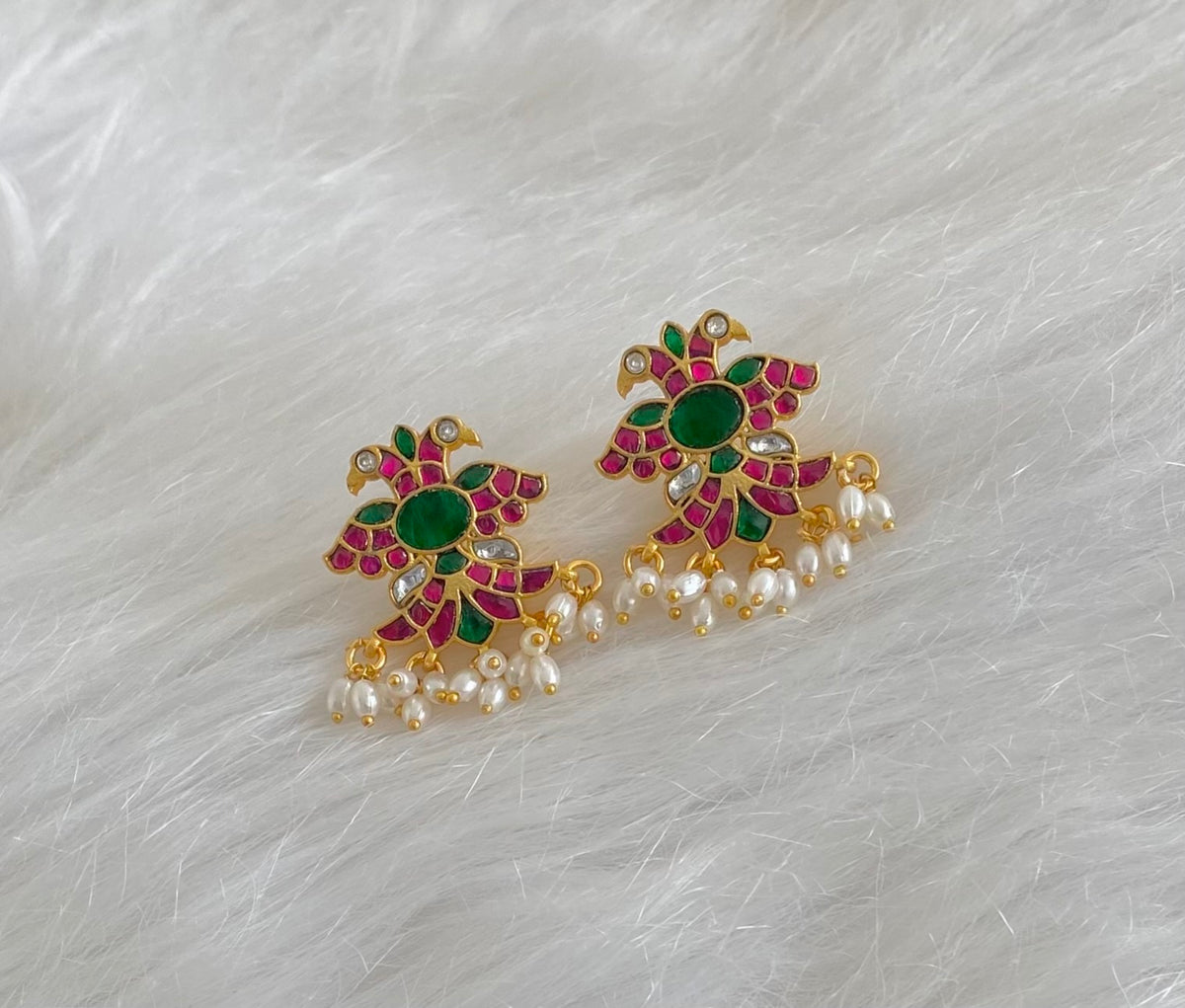 Gold tone kundan jadau rice pearl gandaberunda earrings dj-54507