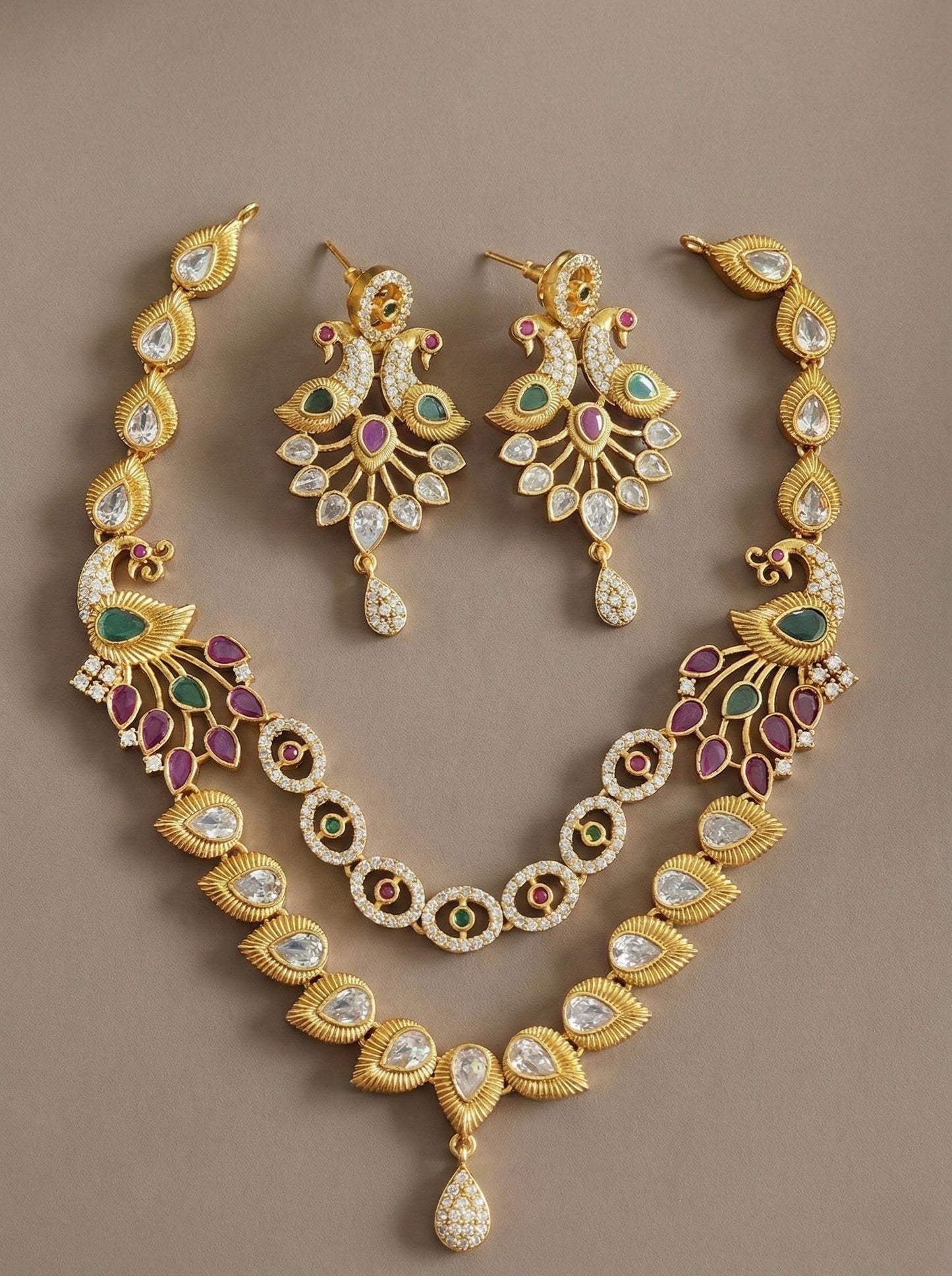 Matt finish cz ruby-green peacock double layer necklace set DJ30886