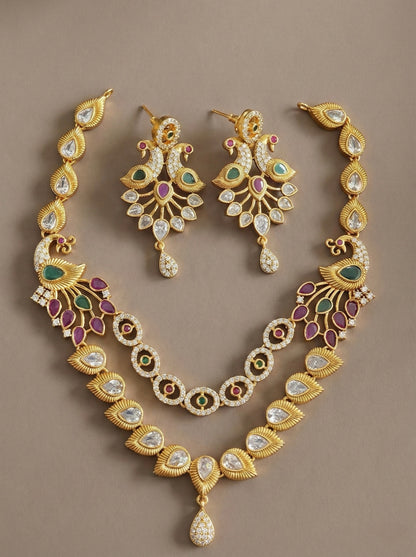 Matt finish cz ruby-green peacock double layer necklace set DJ30886