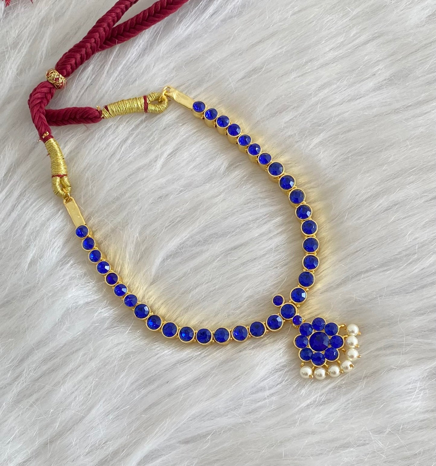 Gold tone AD blue stone attigai necklace dj-54602