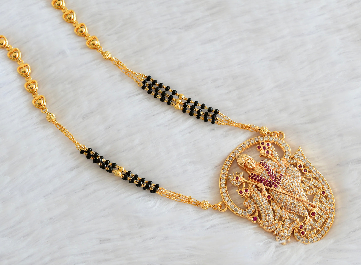 Gold tone tamil om murugan white-pink pendant with karimani beaded chain dj-53343