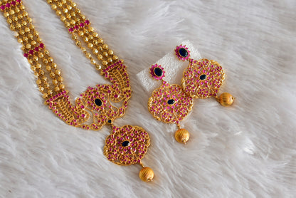 Gold tone ruby-blue beaded peacock haar set dj-51949