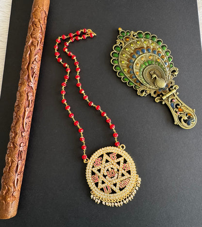 Gold tone maroon beaded chain with Tamil “Om Saravana Bhava” pendant dj-52227