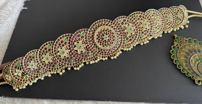 Gold tone precious kemp-green-white pearl sun-moon waist band dj-52305