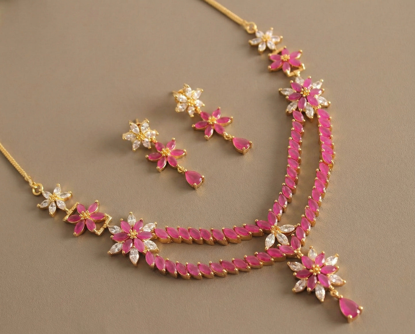 Gold Tone Cz-ruby Flower Double layer Necklace Set -dj12319