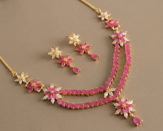 Gold Tone Cz-ruby Flower Double layer Necklace Set -dj12319