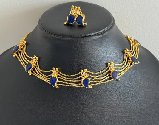 Gold tone kerala style blue-white mango choker necklace set dj-51726