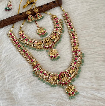 Antique gold tone kundan jadau gaja lakshmi green beaded bridal set dj-54564