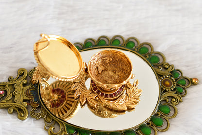 Antique gold tone kemp-green Kalash kumkum box dj-52318