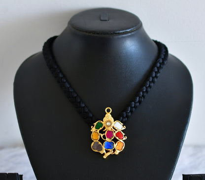Gold tone black silk thread ganesha navarathna kundan jadau necklace dj-48656