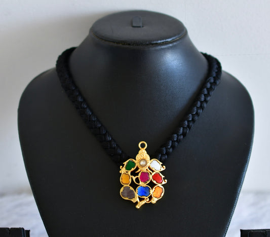 Gold tone black silk thread ganesha navarathna kundan jadau necklace dj-48656