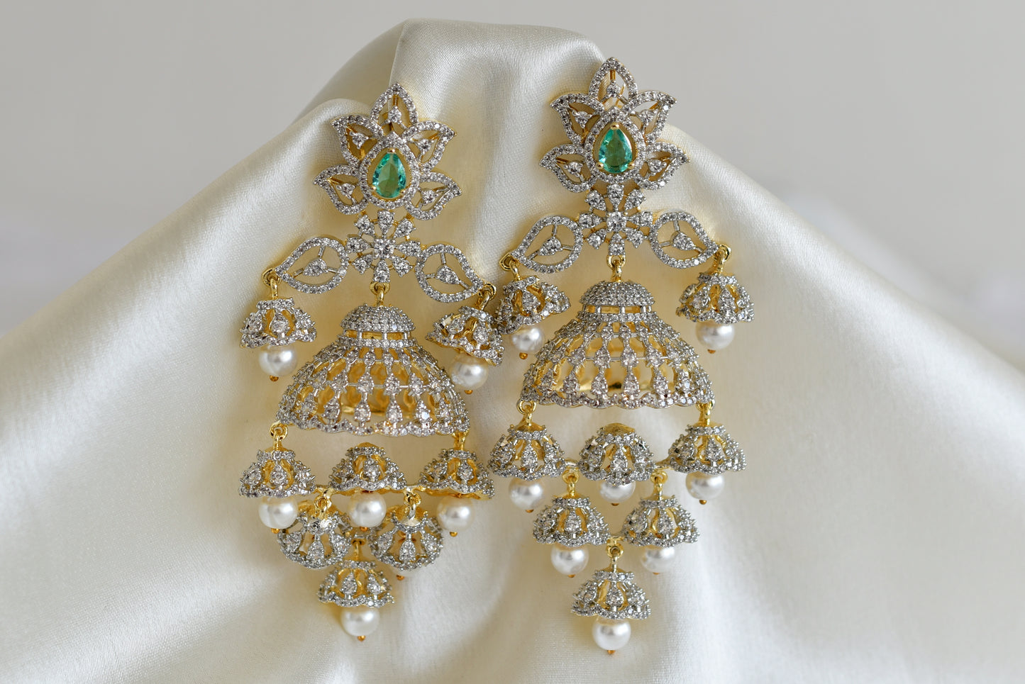 Two tone peacock green pearl long jhumkka/earrings dj-52564