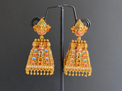Matte finish pink-orange meenakari Gopuram jhumkka dj-53110