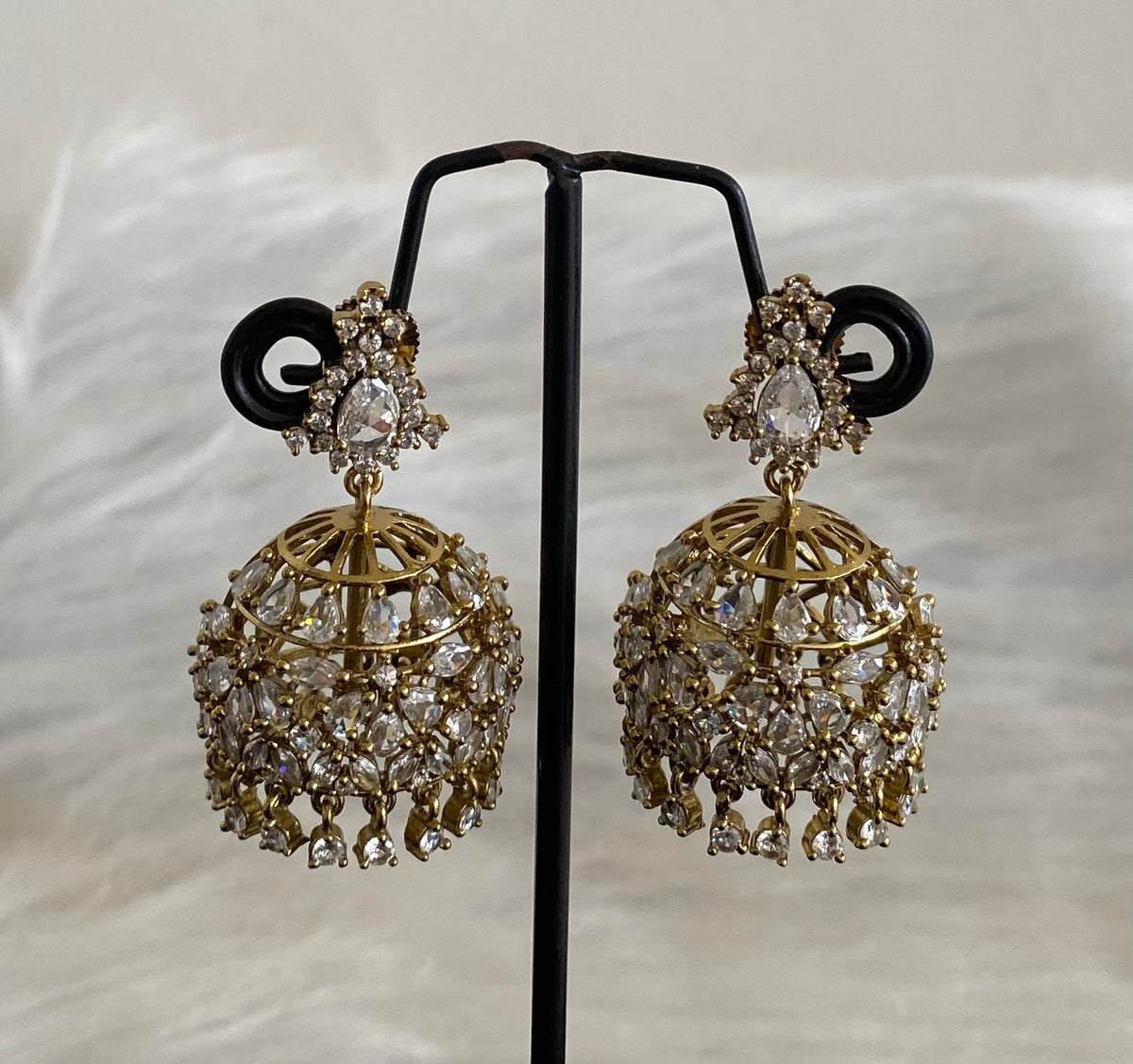 Dark antique gold tone white stone jhumkka dj-54646