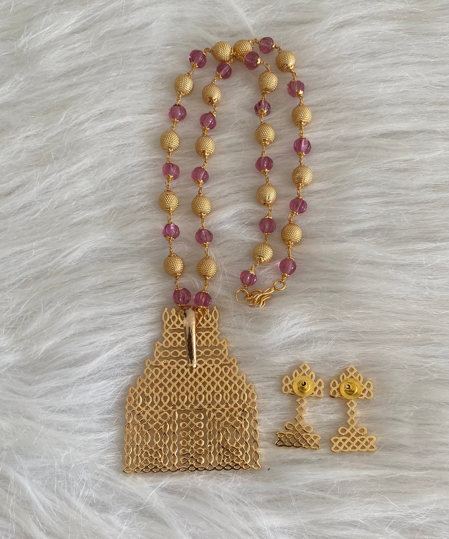 Gold tone temple rangoli purple beaded mala set dj-54489