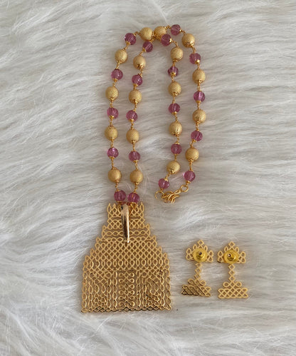 Gold tone temple rangoli purple beaded mala set dj-54489