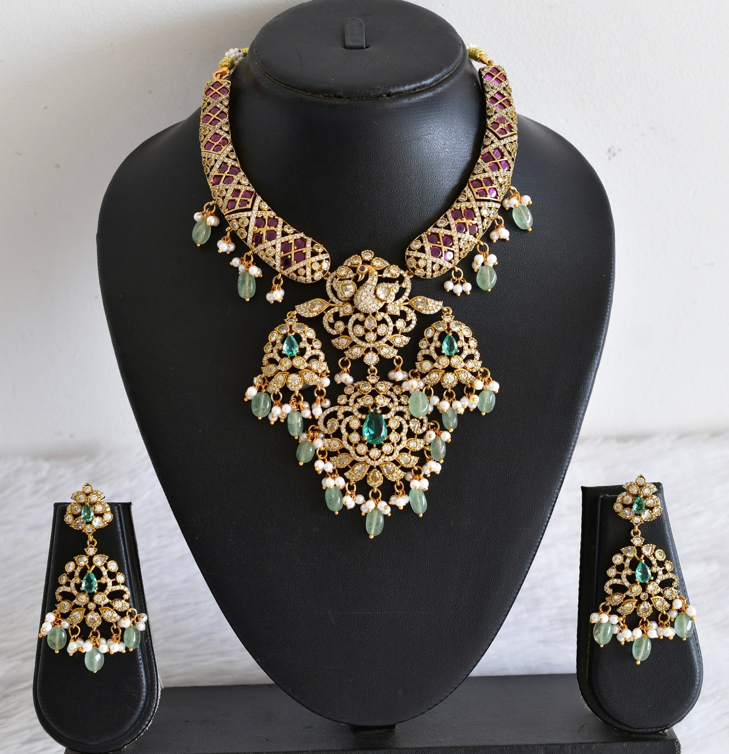 Antique gold tone cz pink-sea green peacock necklace set dj-53022