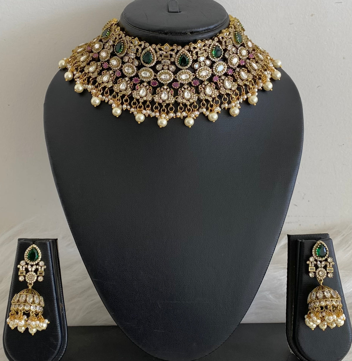 Antique gold tone peacock kundan pearl choker necklace set dj-54805