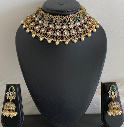 Antique gold tone peacock kundan pearl choker necklace set dj-54805