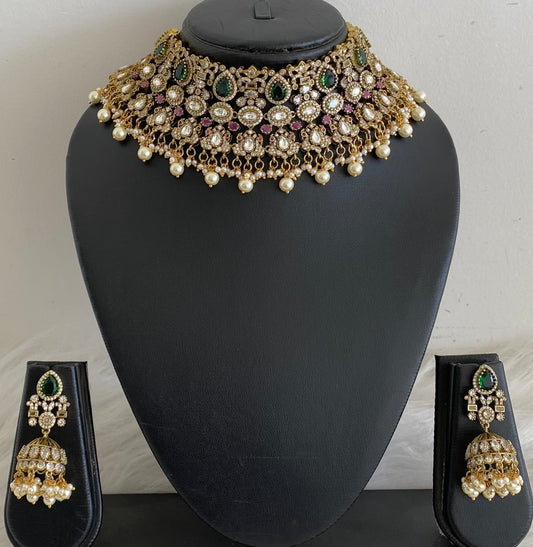 Antique gold tone peacock kundan pearl choker necklace set dj-54805