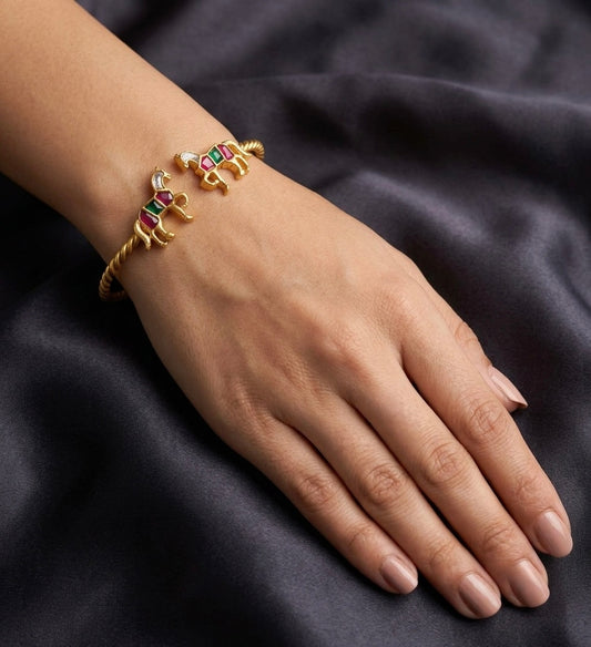 Gold tone pink-green-white Kundan jadau horse openable kada/bangle dj-54860