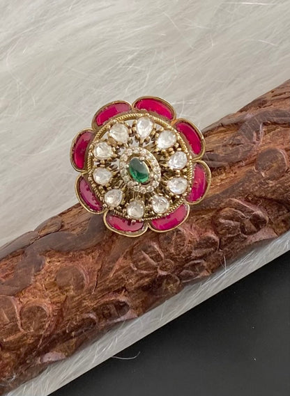 Antique gold tone pink-green-white kundan jadau round finger ring dj-54323