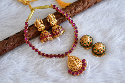 Matte finish kemp-green reversible Lakshmi necklace set dj-52412