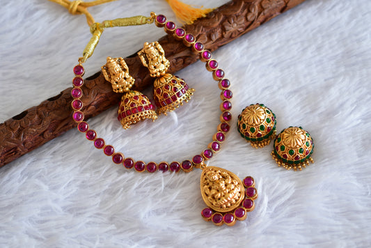 Matte finish kemp-green reversible Lakshmi necklace set dj-52412