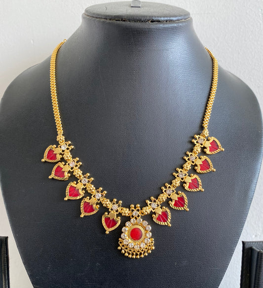 Gold tone white-red palakka necklace dj-53069