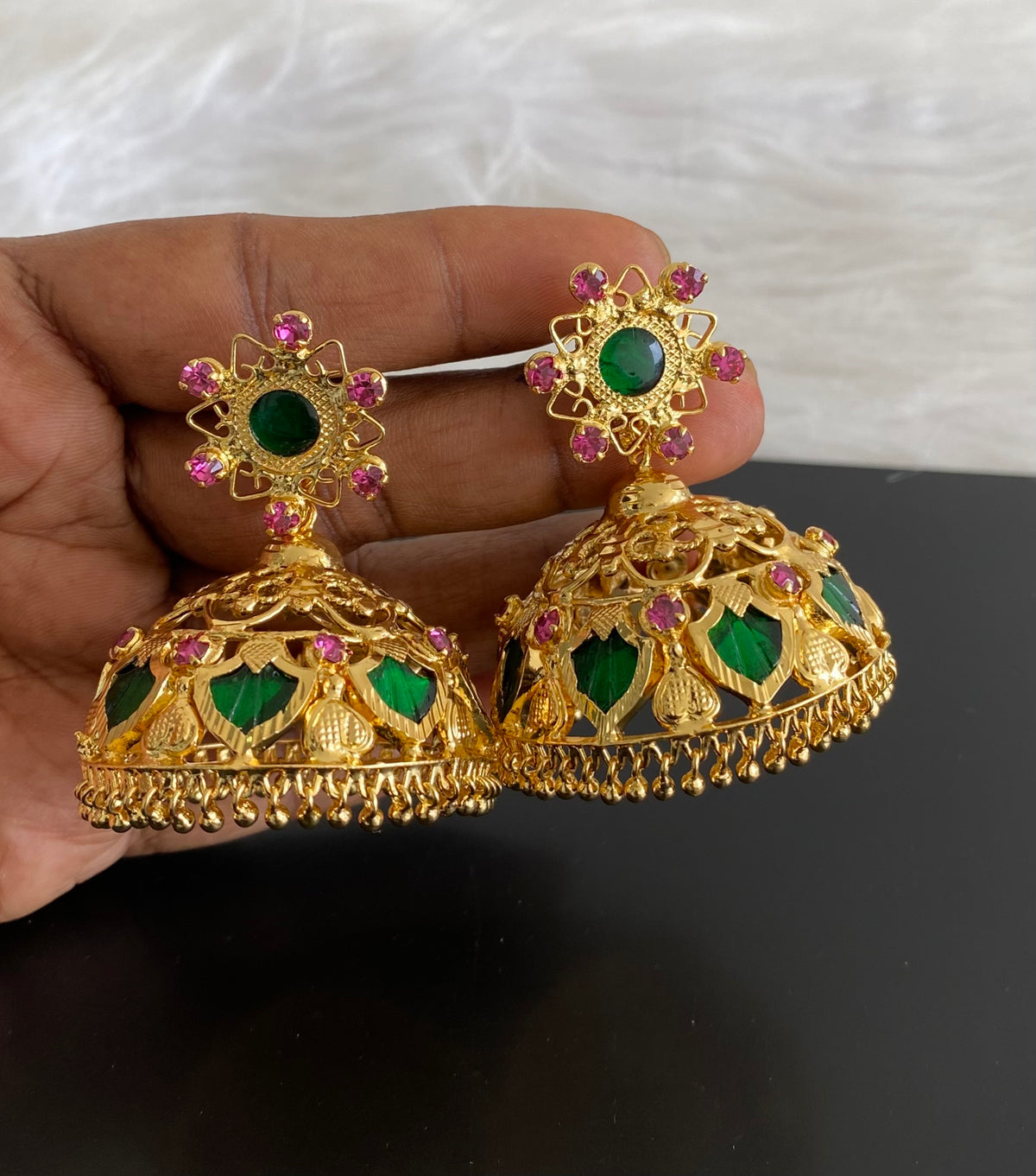 Gold Tone Pink-green 8 petal Big Palakka Jhumkka DJ27041