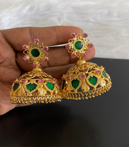 Gold Tone Pink-green 8 petal Big Palakka Jhumkka DJ27041