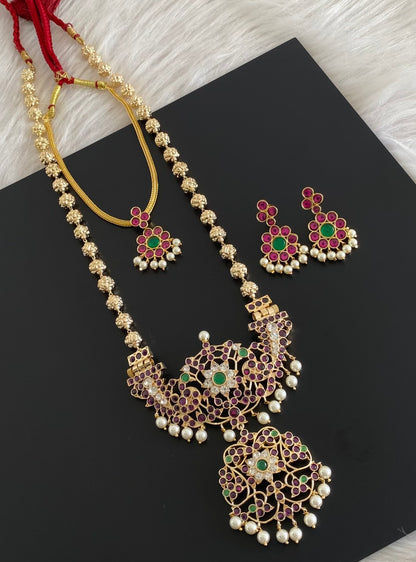 Gold tone precious kemp-green-white pearl peacock nakshi beaded combo set dj-54944