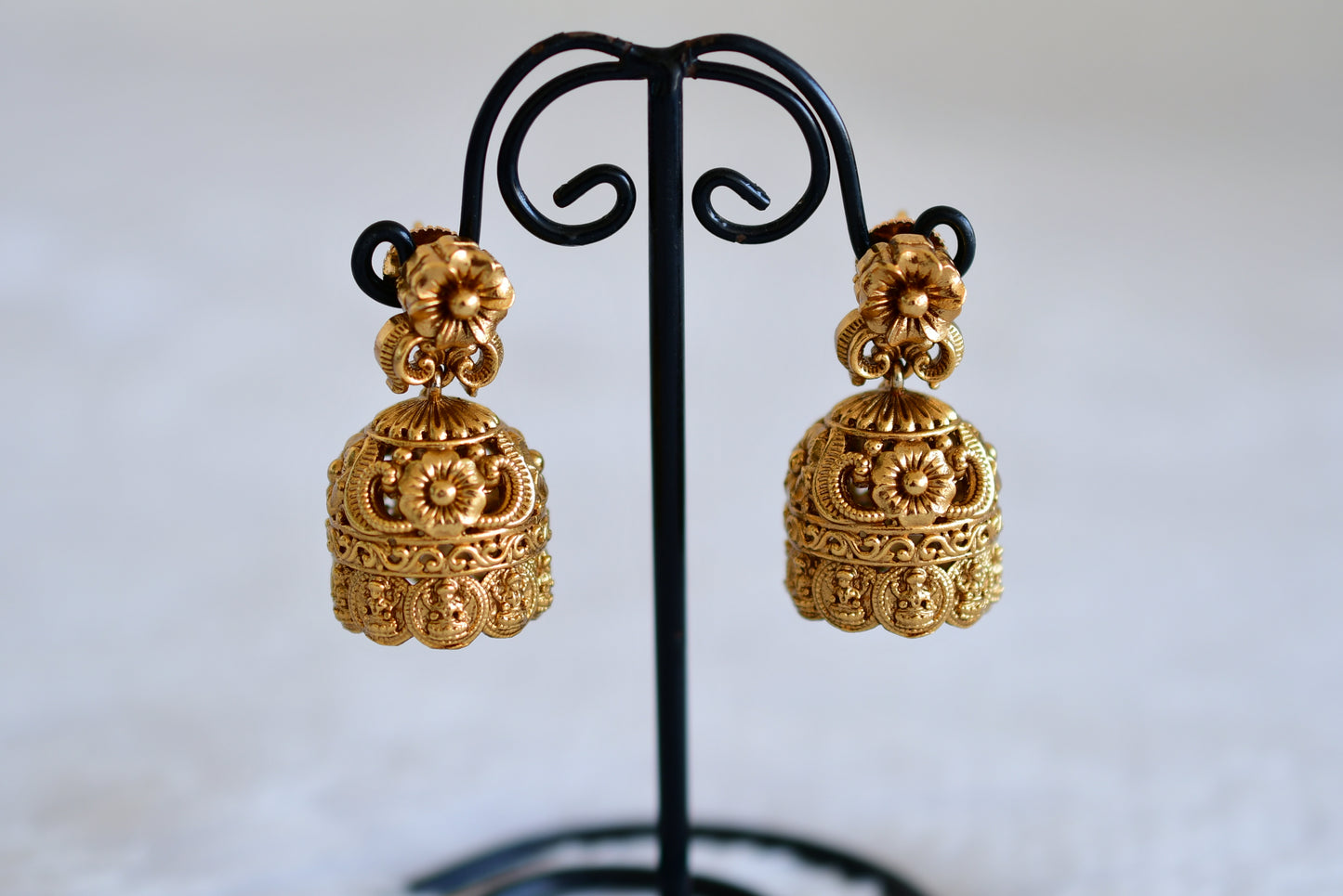 Antique gold tone flower Lakshmi coin jhumkka dj-52545