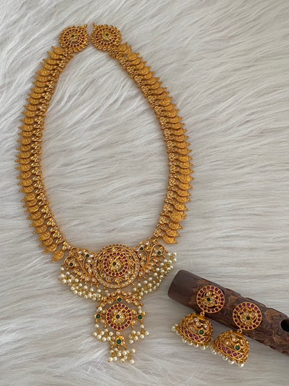 Matte finish ruby-emerald-white pearl lakshmi coin haar set dj-54996
