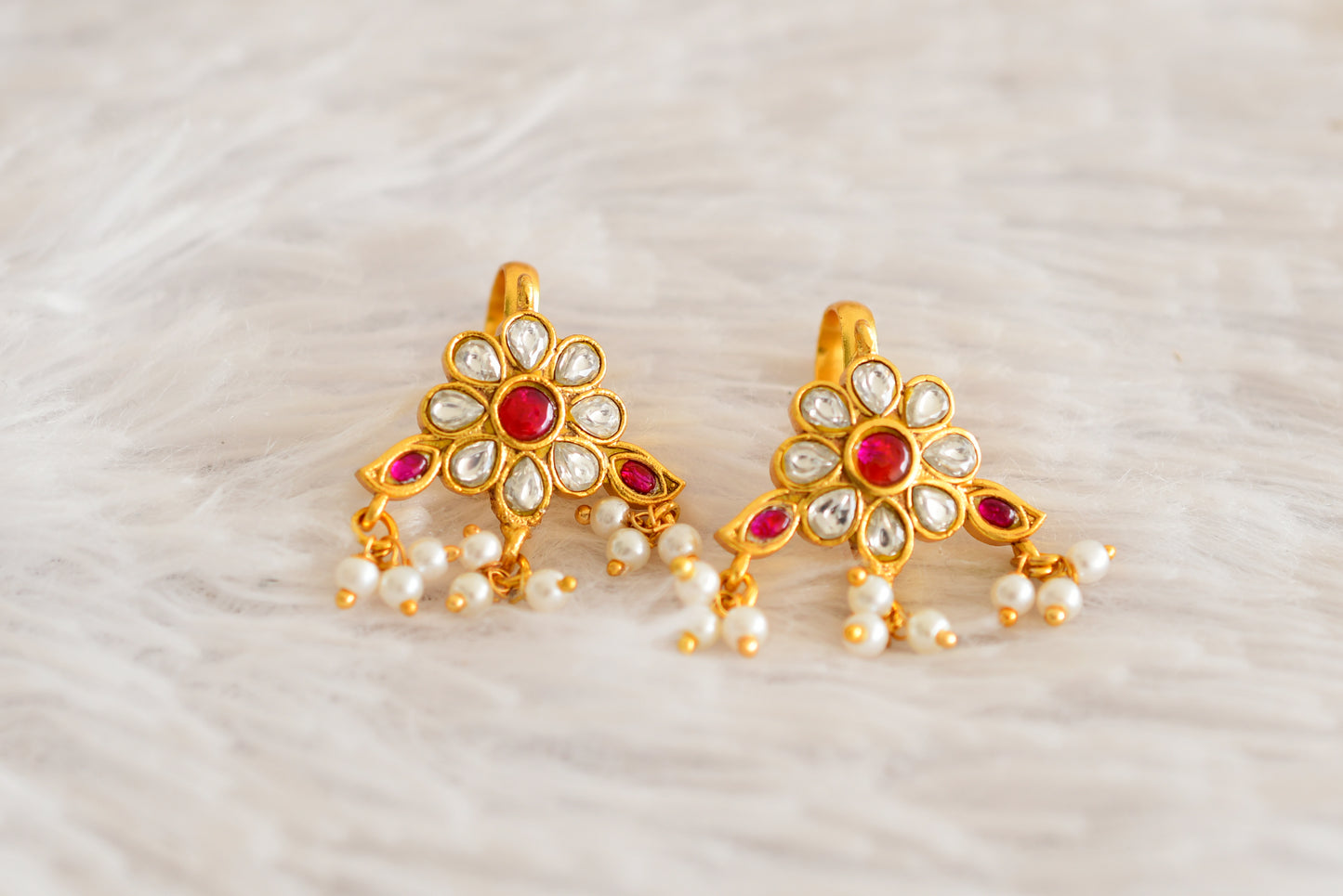 Gold tone pink-white kundan jadau flower bugadi earrings dj-52484