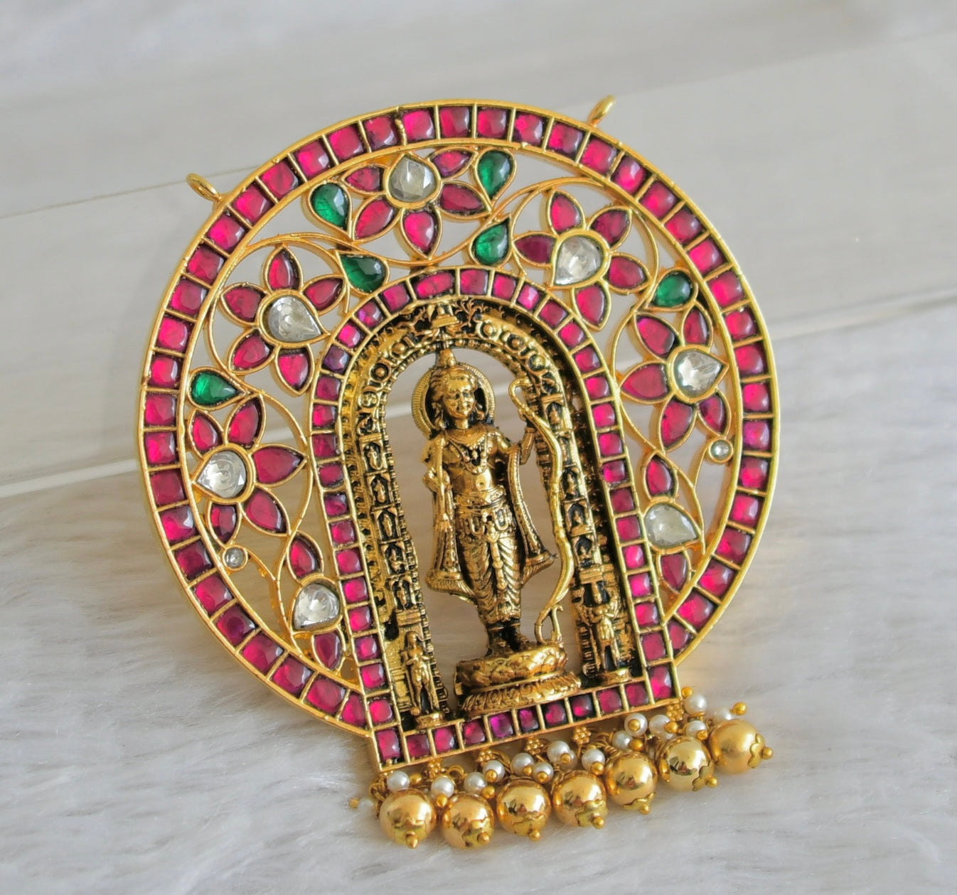 Antique gold tone pink-green-white shri ramlalla pendant dj-48978