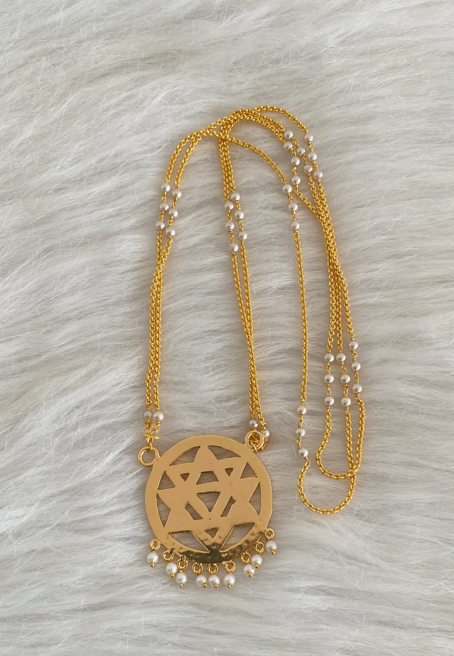 Gold tone 24 inches pearl chain with AD pink-white chakram pendant dj-54491