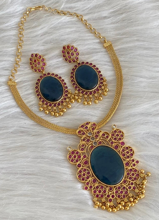 Matte finish big blue oval stone pendant choker necklace set dj-53989