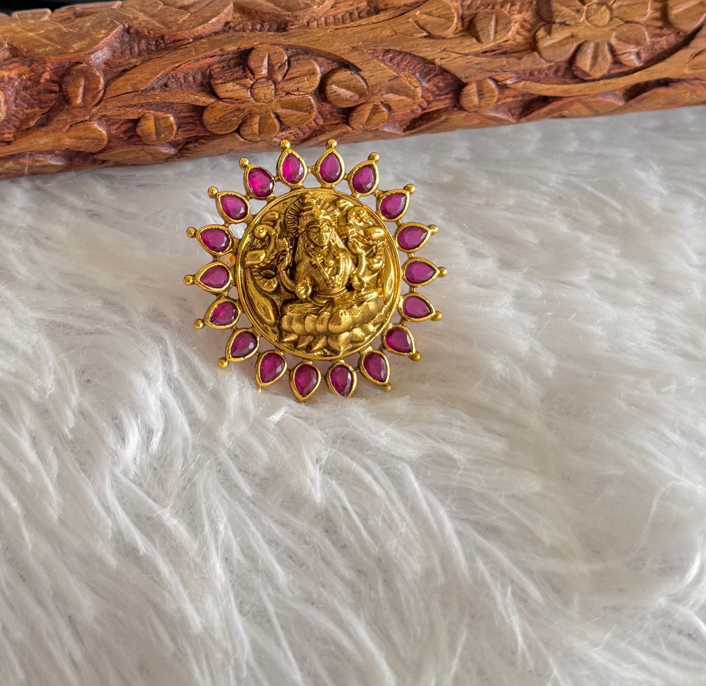 Antique gold tone ruby Lakshmi adjustable finger ring dj-51406