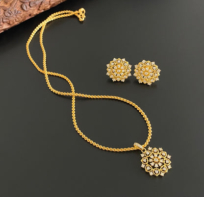 Gold tone 18 inches chain with white stone flower pendant set dj-54029