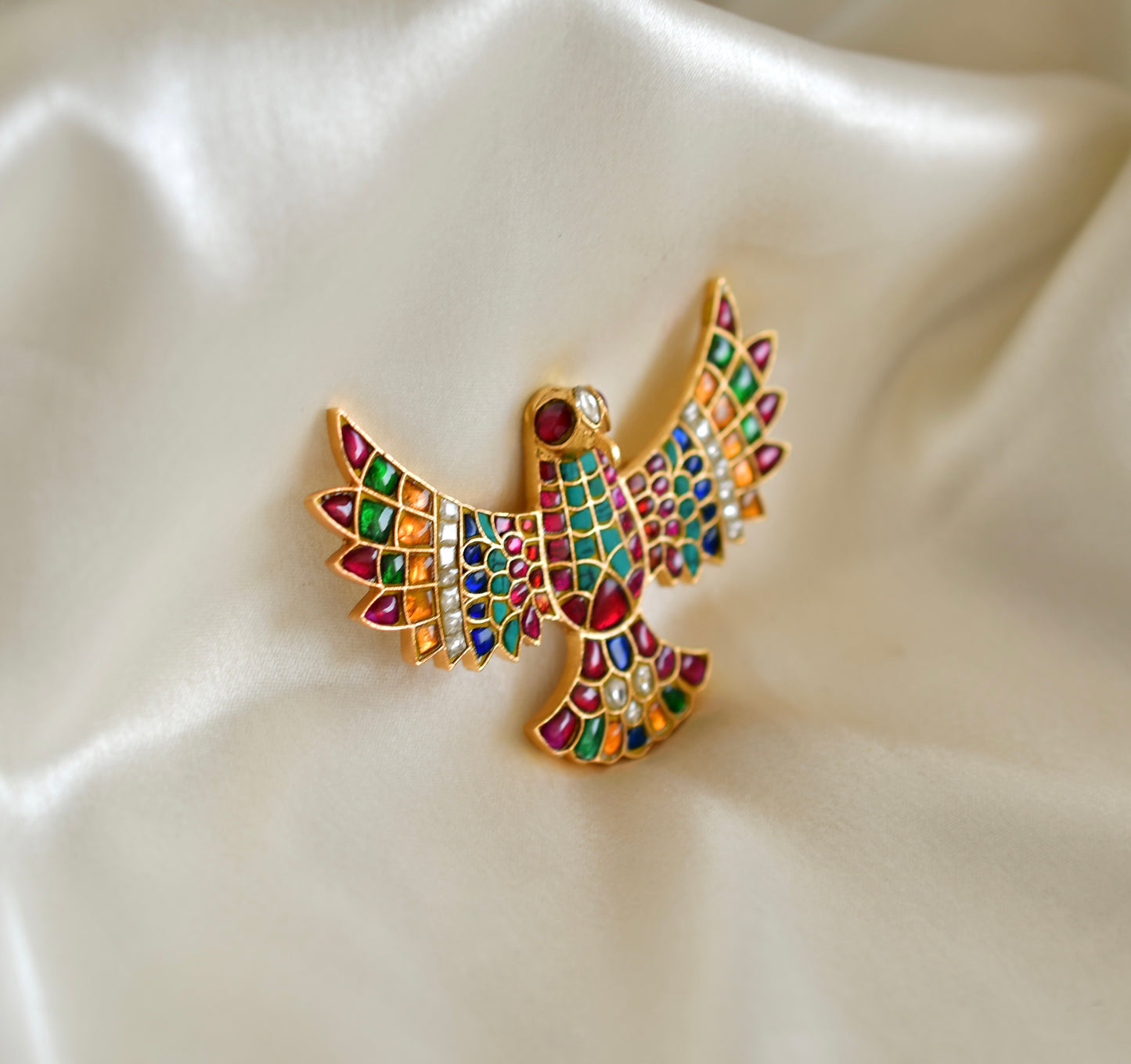 Matte finish Navarathna kundan jadau bird brooch dj-52643