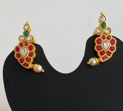 Gold tone pink-green-white kundan jadau mango stud/earrings dj-50645