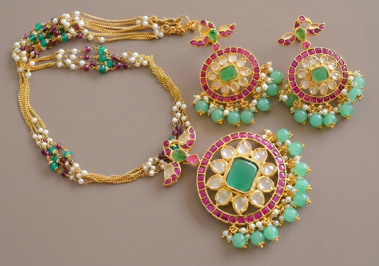 Gold Tone Cz Uncut Polki Pink-green Necklace Set DJ33707