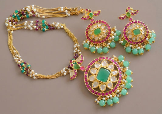 Gold Tone Cz Uncut Polki Pink-green Necklace Set DJ33707