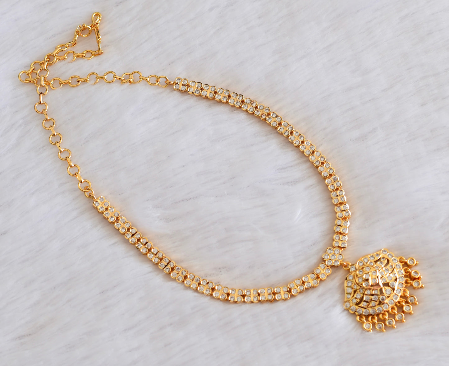 Gold tone AD white stone south Indian flower necklace dj-53333