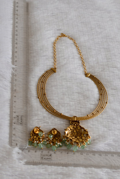 Antique gold tone pink-green kundan jadau kante necklace set dj-52420