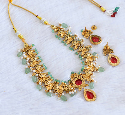 Antique gold tone maroon stone peacock necklace set dj-53015