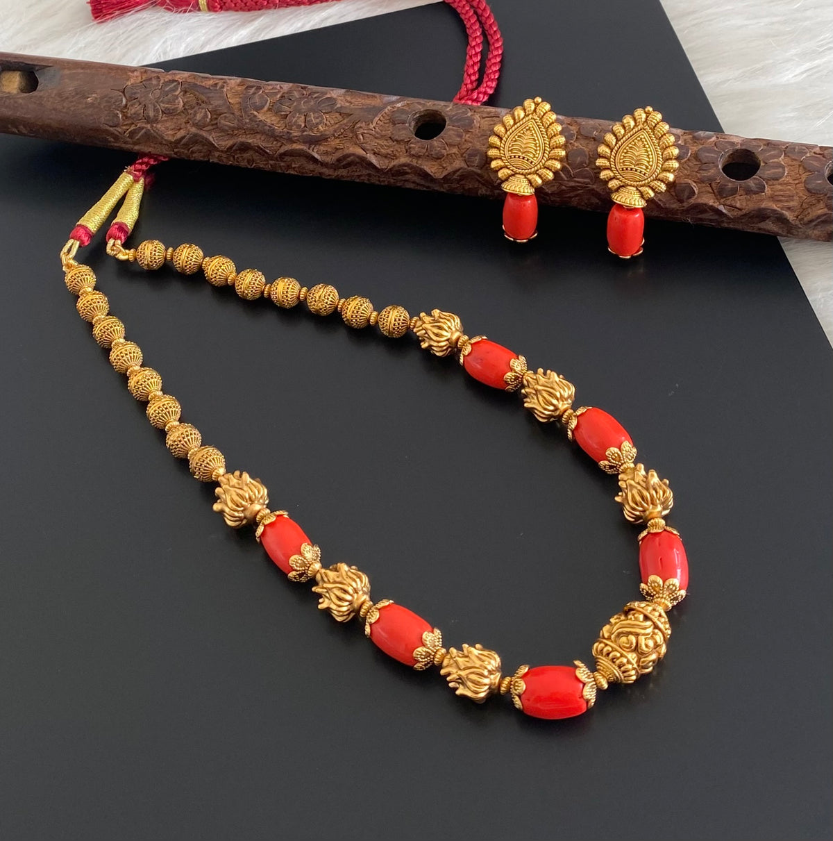 Antique gold tone coral nakshi beaded necklace set dj-54949
